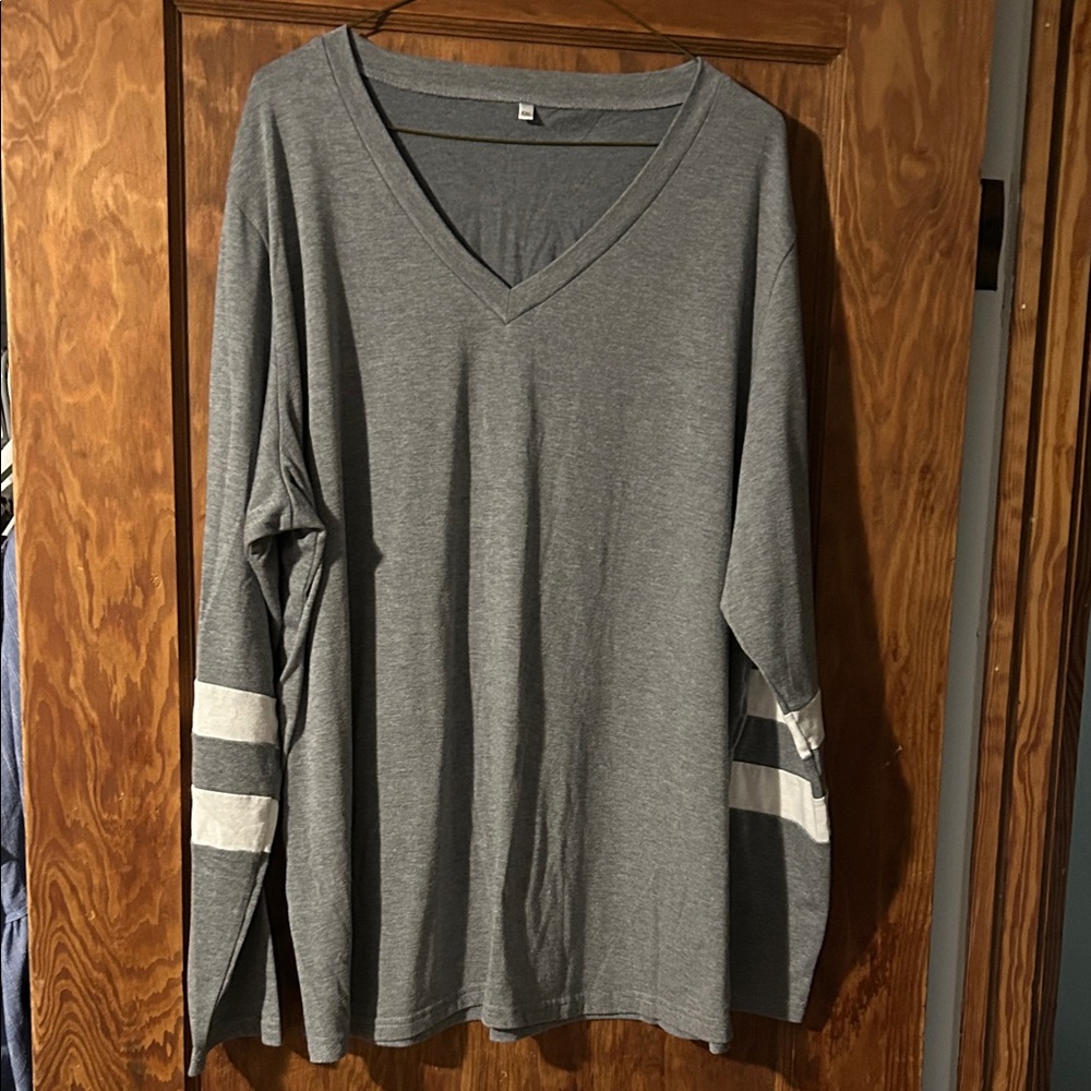 Gray V-Neck Long Sleeve Shirt with Stripes